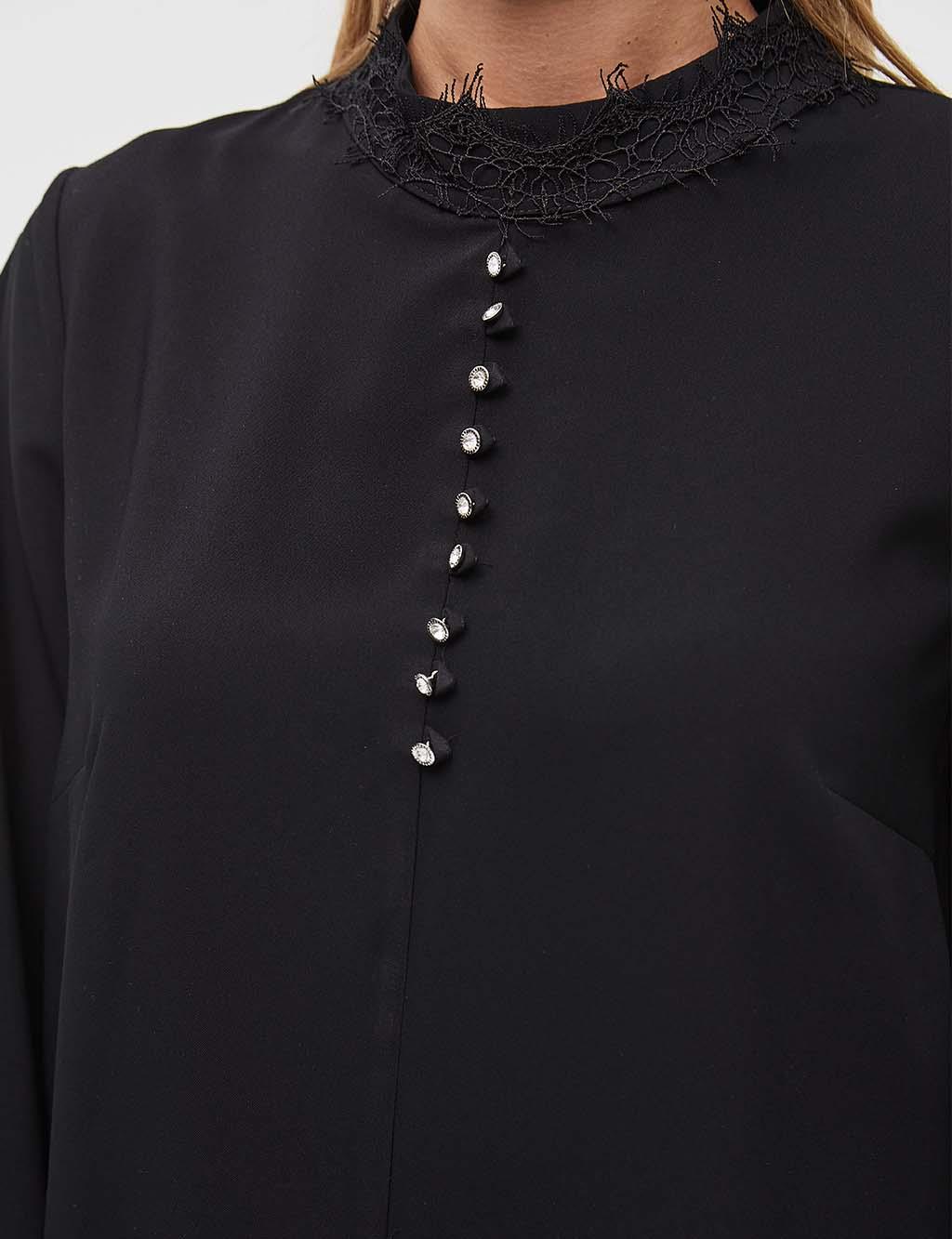 Button Detailed Balloon Sleeve Blouse Black