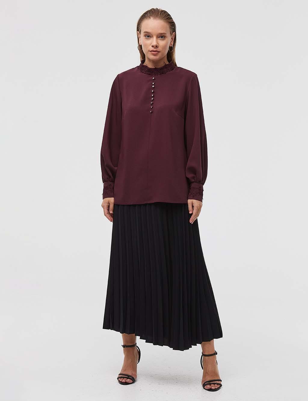 Button Detailed Balloon Sleeve Blouse Claret Red