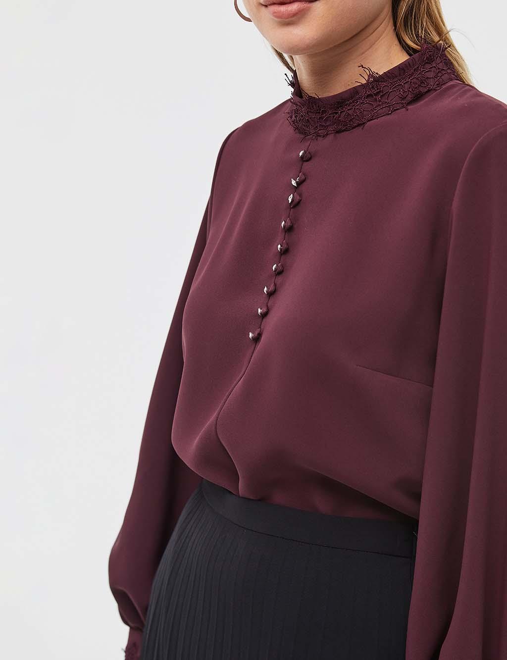Button Detailed Balloon Sleeve Blouse Claret Red