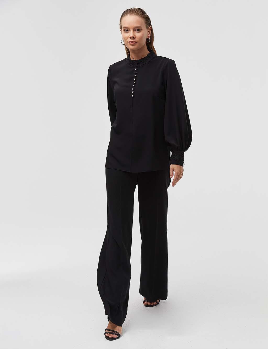 Button Detailed Balloon Sleeve Blouse Black