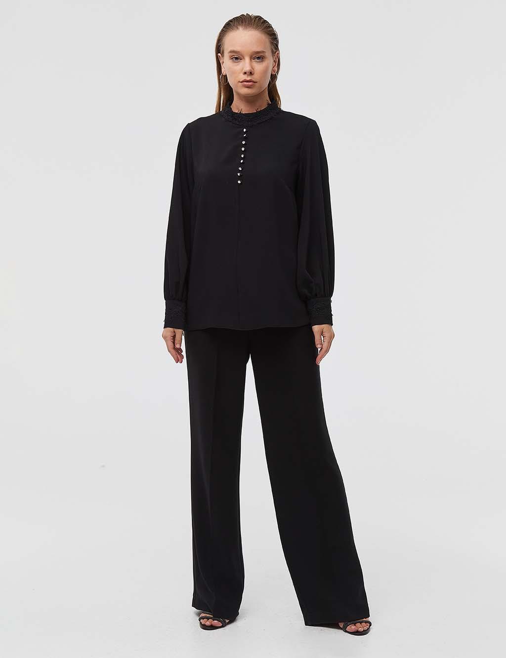Button Detailed Balloon Sleeve Blouse Black