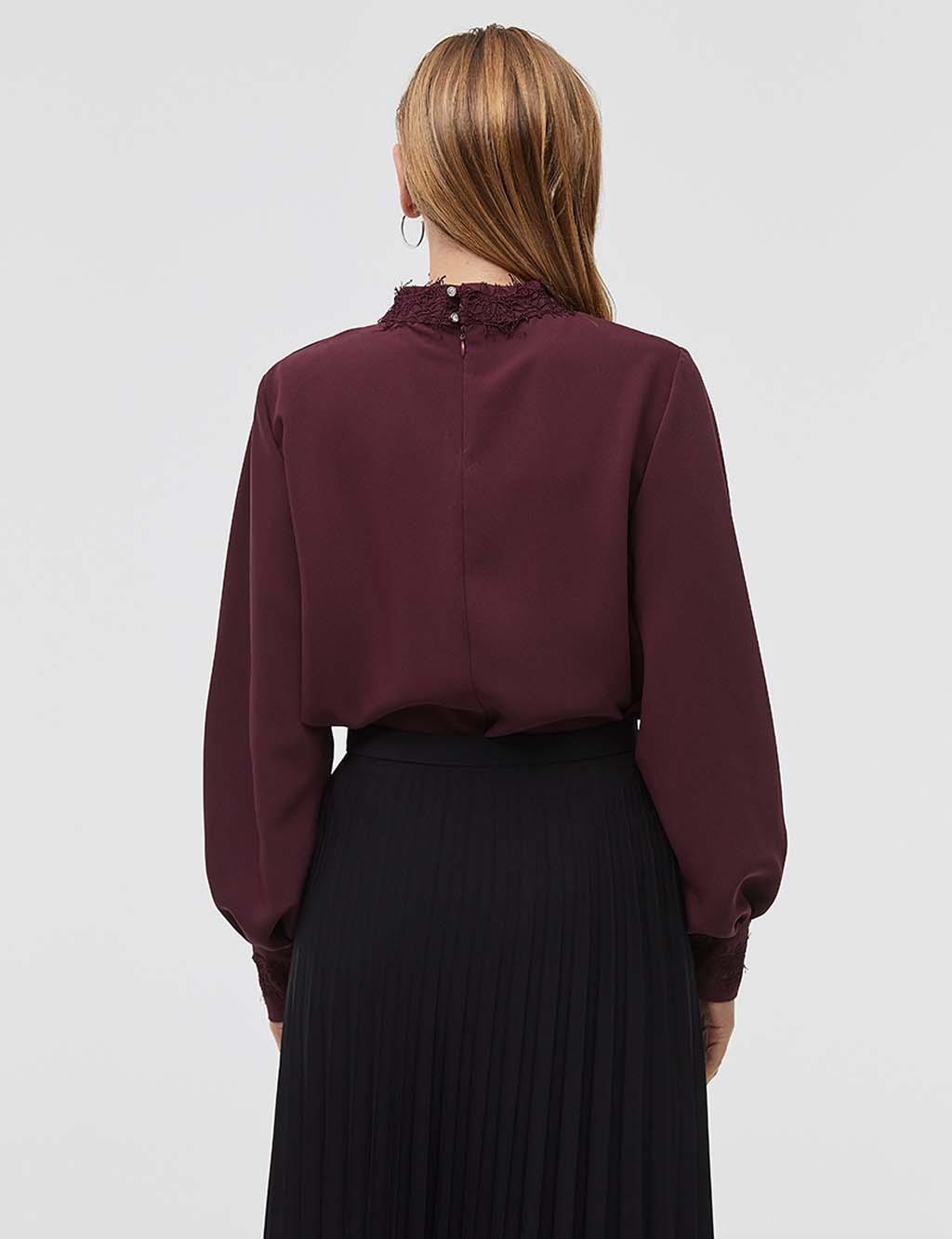 Button Detailed Balloon Sleeve Blouse Claret Red