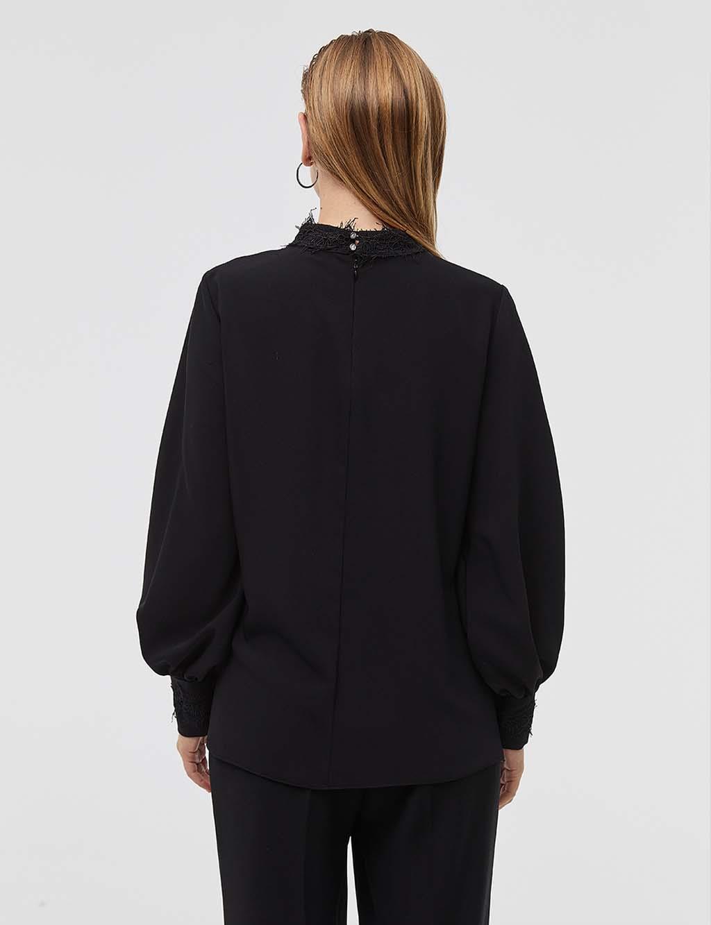 Button Detailed Balloon Sleeve Blouse Black