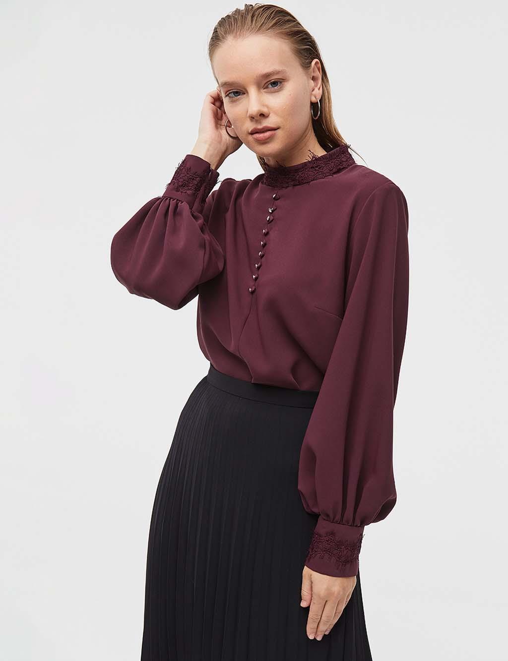 Button Detailed Balloon Sleeve Blouse Claret Red