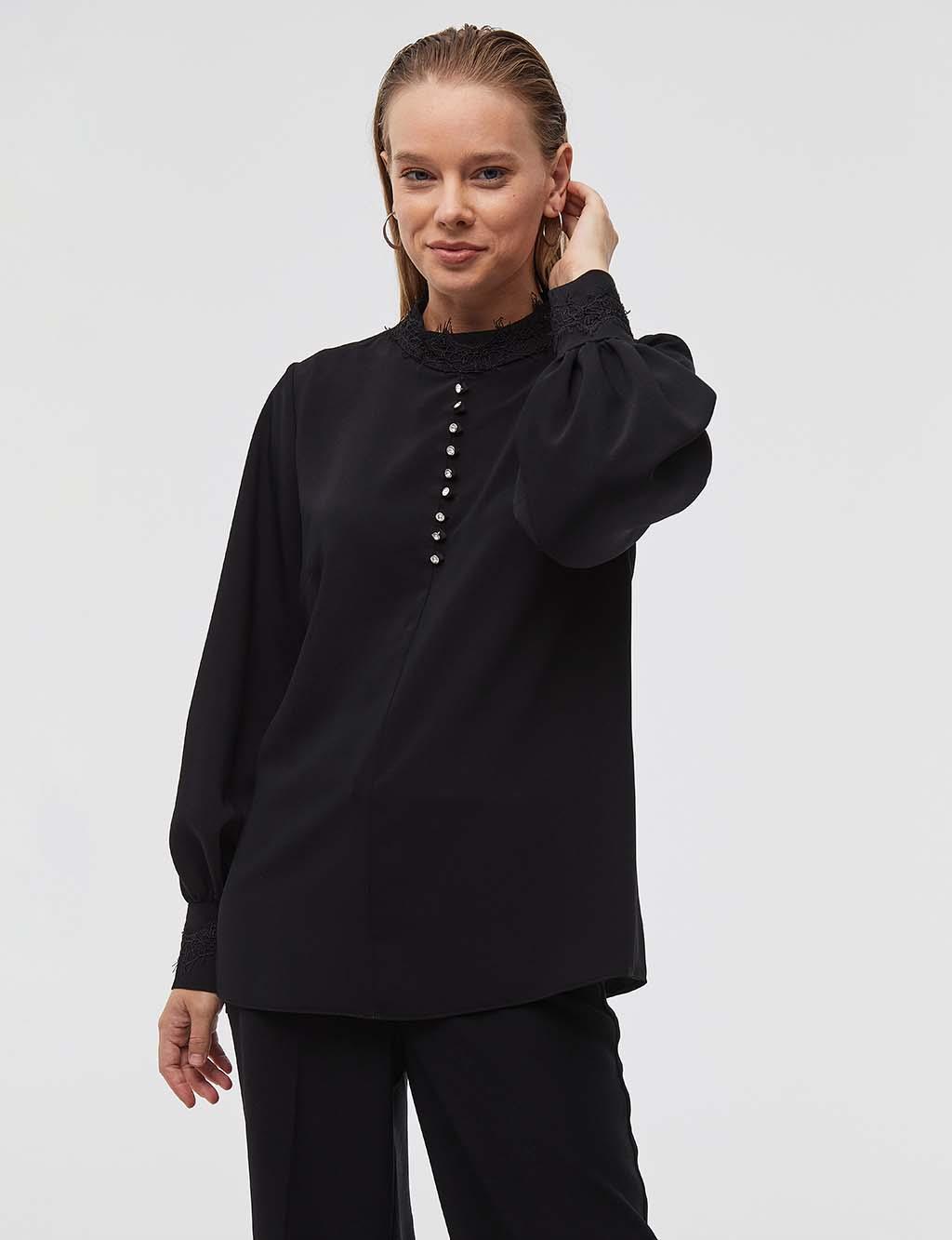 Button Detailed Balloon Sleeve Blouse Black
