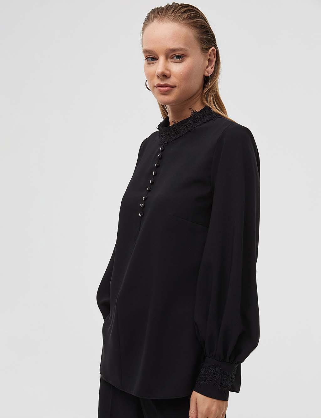 Button Detailed Balloon Sleeve Blouse Black
