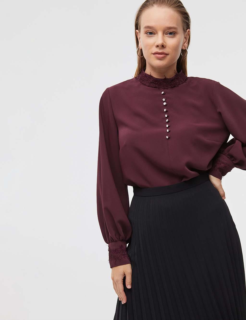 Button Detailed Balloon Sleeve Blouse Claret Red