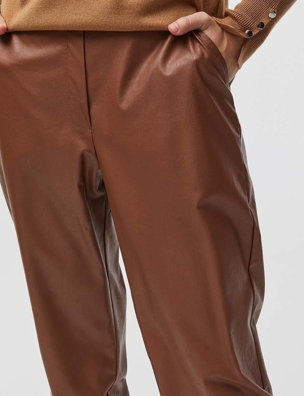 Faux Leather Jogger Pants A21 19073 Light Brown