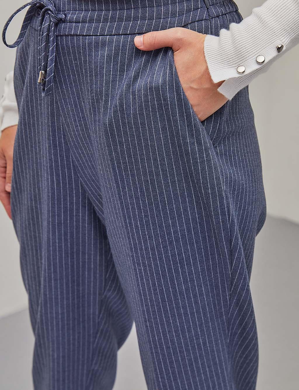 KYR Elastic Waist Striped Fabric Pants Navy