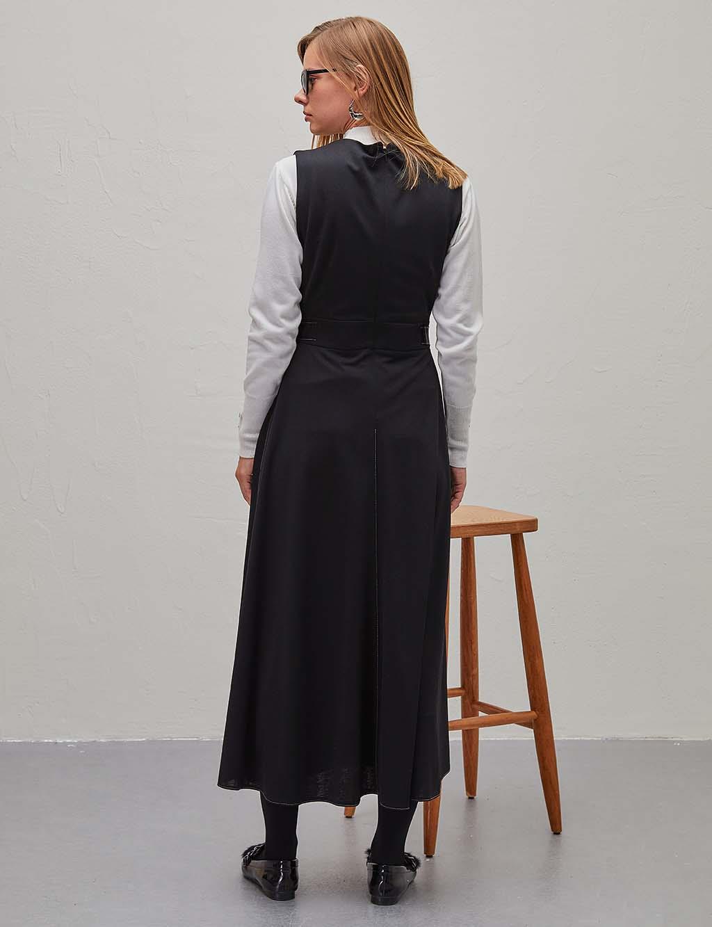 Dikiş Detaylı V Yaka Elbise / Jile Siyah