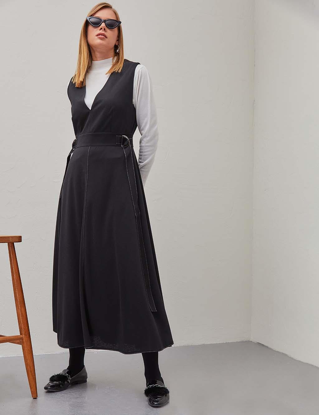 Dikiş Detaylı V Yaka Elbise / Jile Siyah