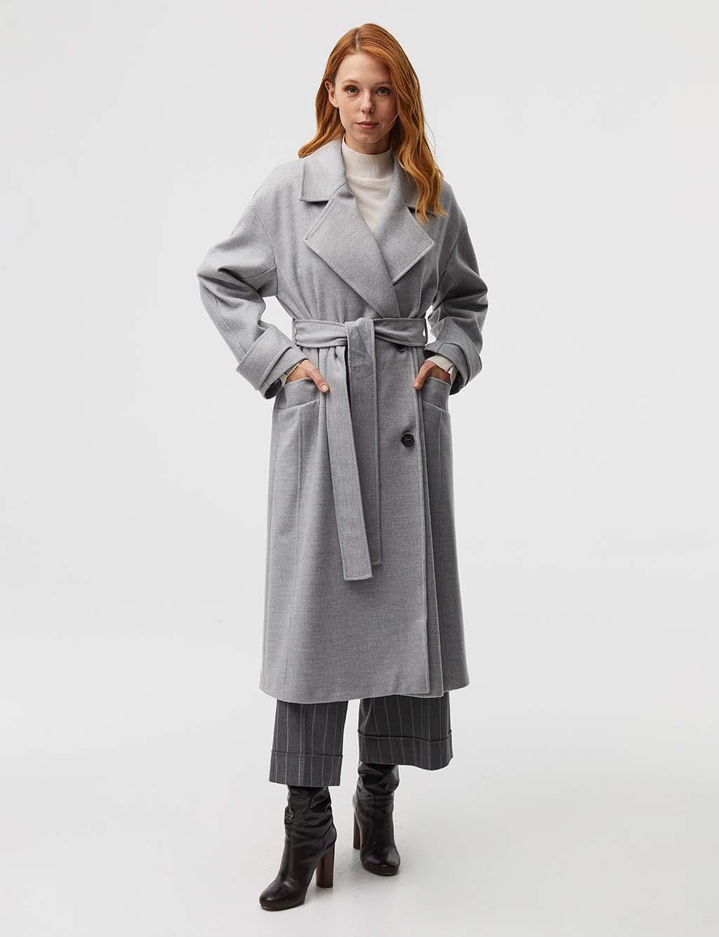 Belted Double Breasted Coat Grey