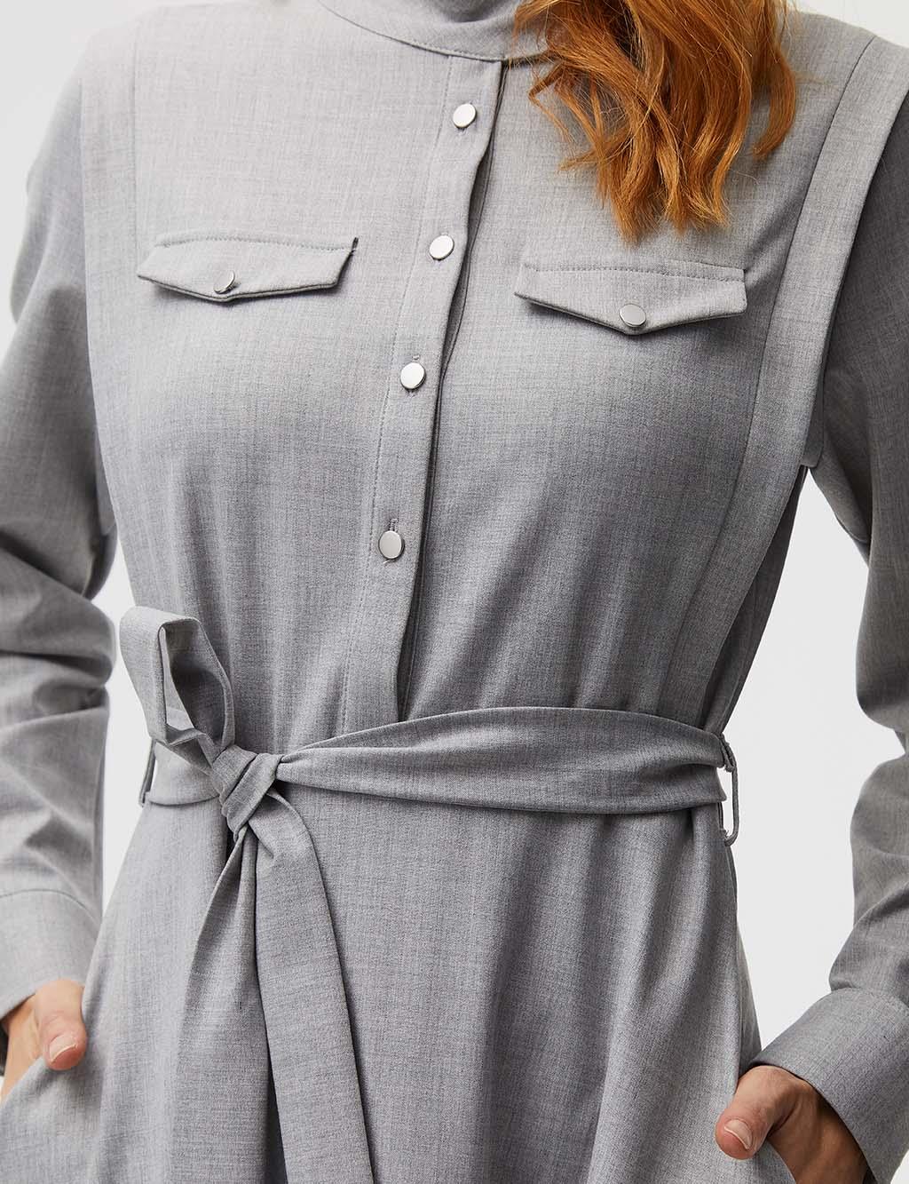 Belted Full Length Dress Grey