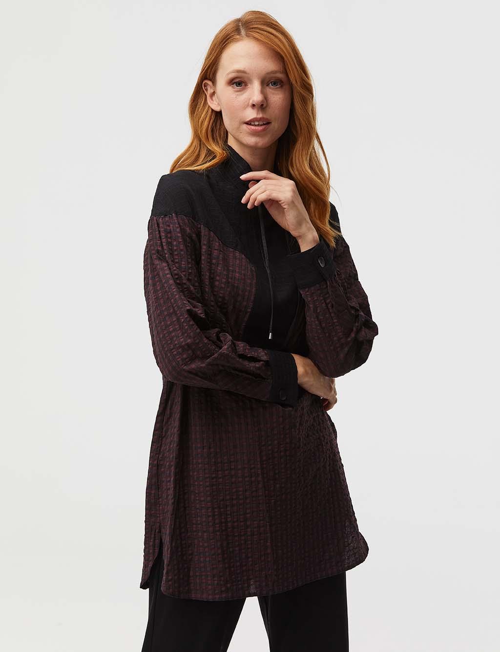 Piece Detailed Checked Blouse Black-Claret Red