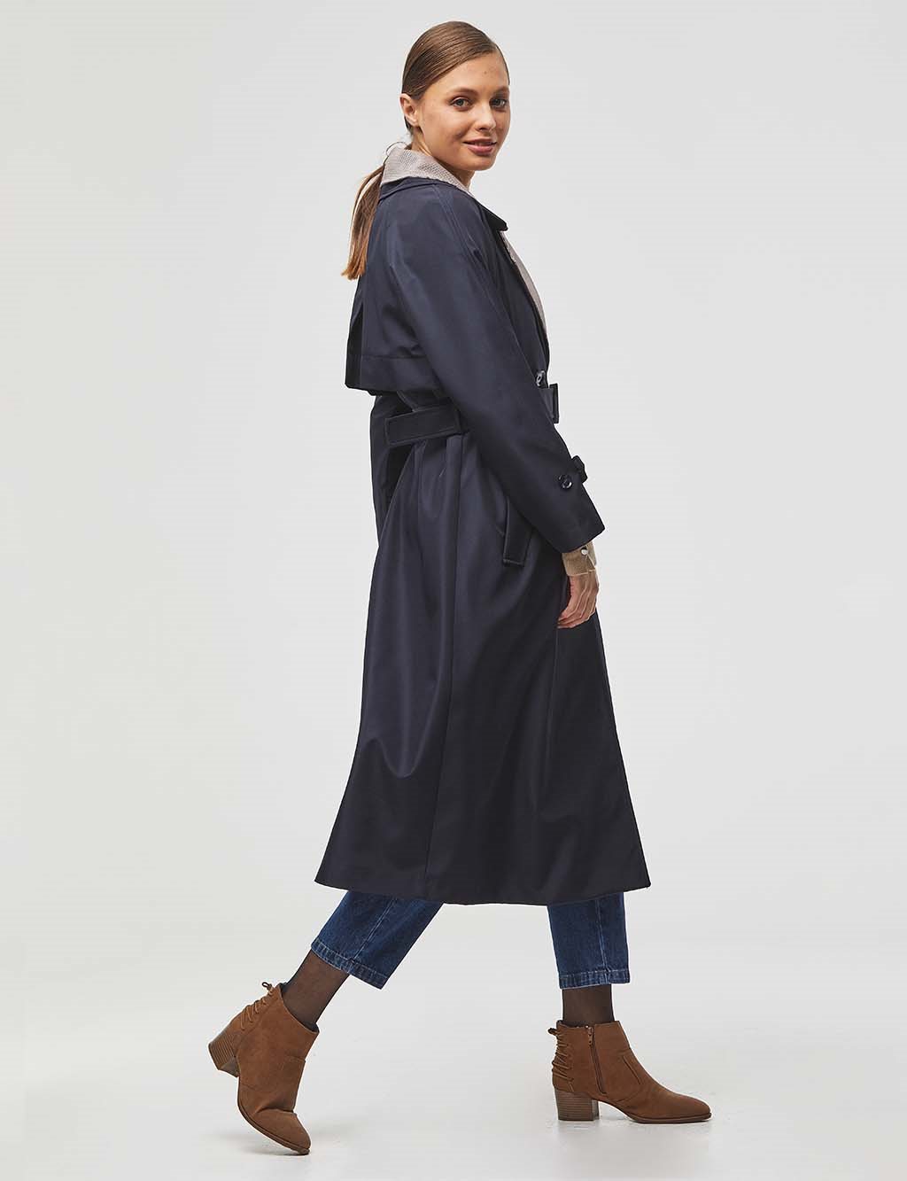 Layered Double Breasted Trench Coat / Cap Navy