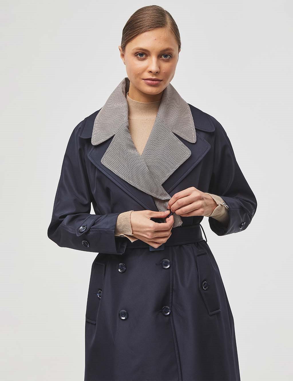 Layered Double Breasted Trench Coat / Cap Navy