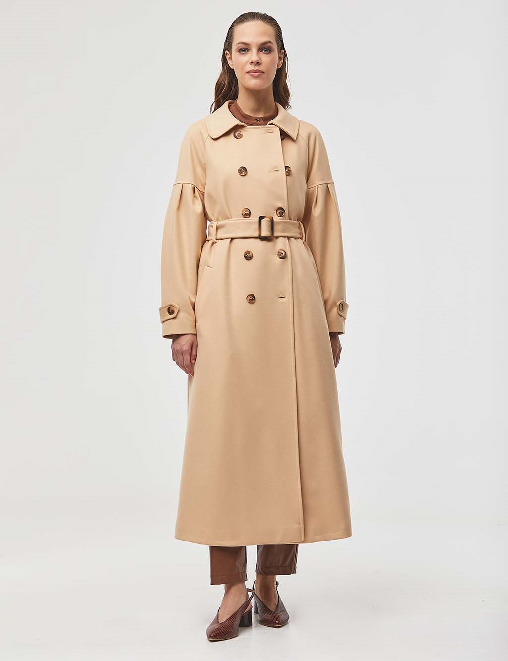 Bone Buttoned Double Breasted Coat Beige
