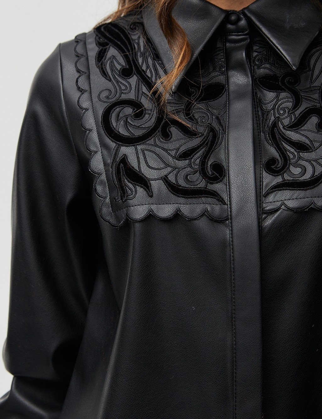 Embroidered Faux Leather Tunic Black