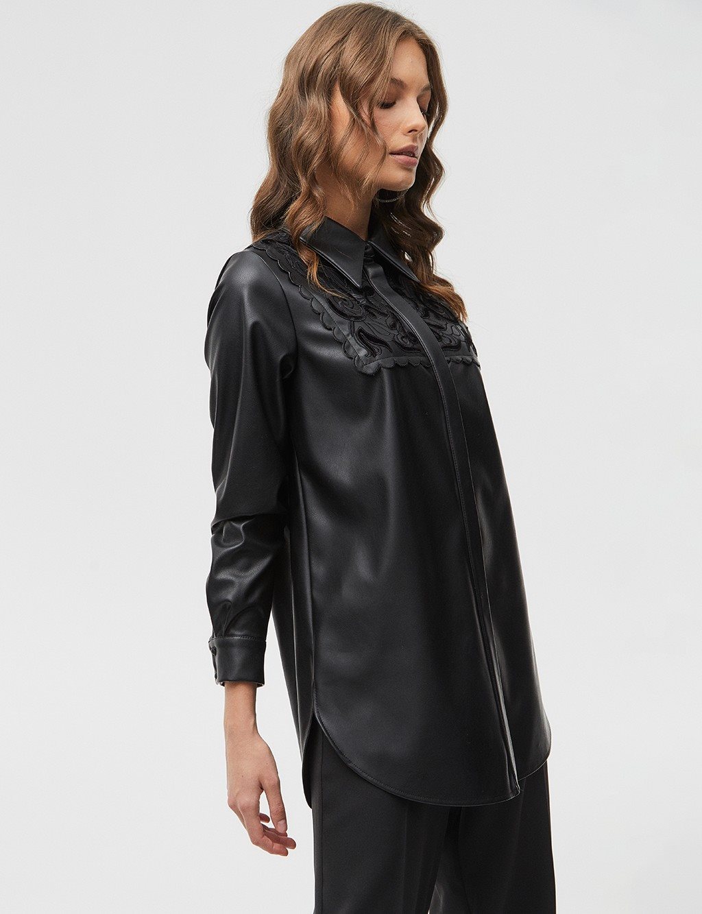 Embroidered Faux Leather Tunic Black