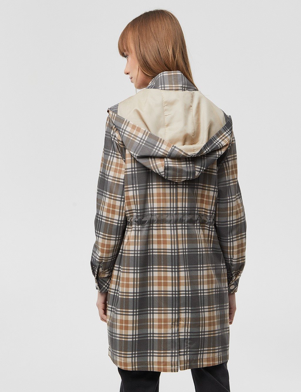 Checked Patterned Hooded Trench Coat / Cap Stone