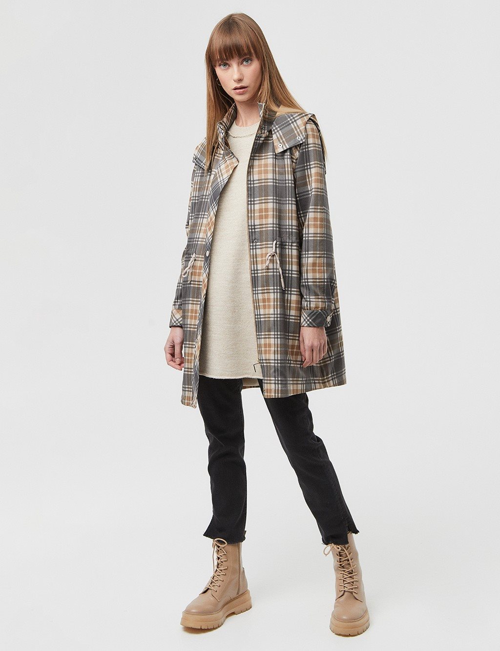 Checked Patterned Hooded Trench Coat / Cap Stone