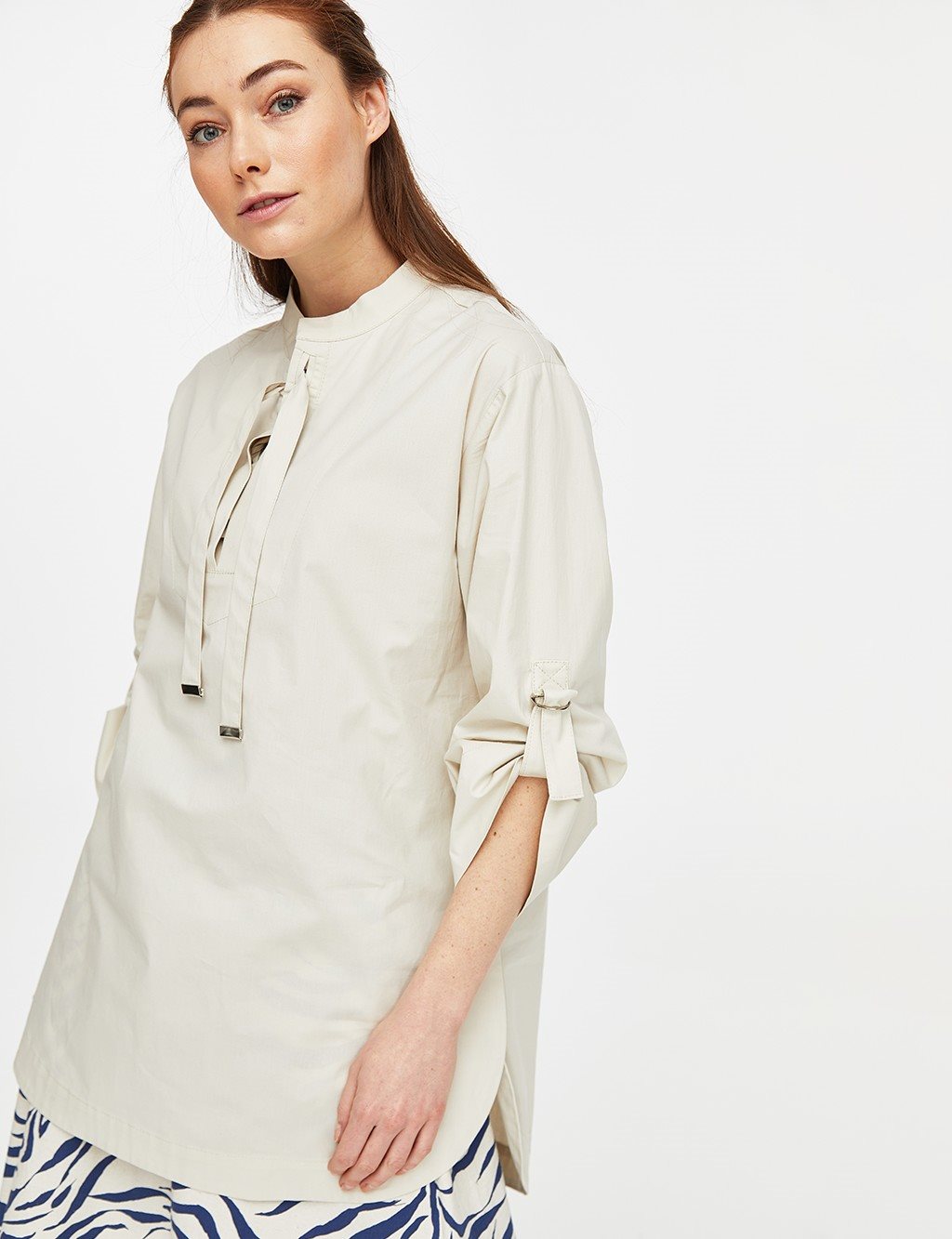 Lace-up Grandad Collar Kimono Sleeve Blouse Cream