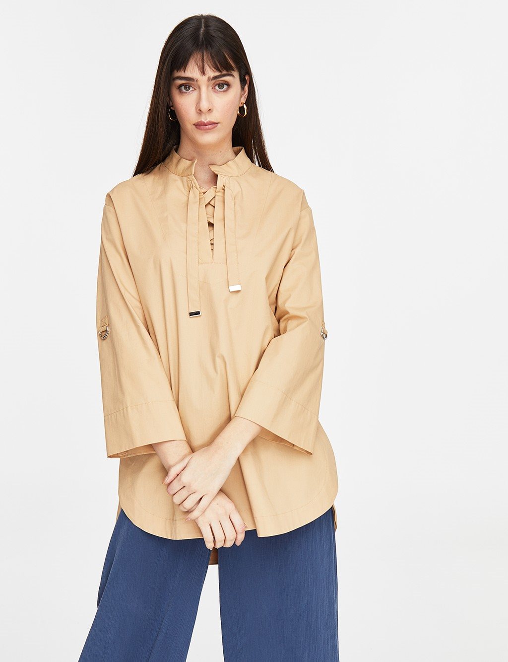 Lace-up Grandad Collar Kimono Sleeve Blouse Beige