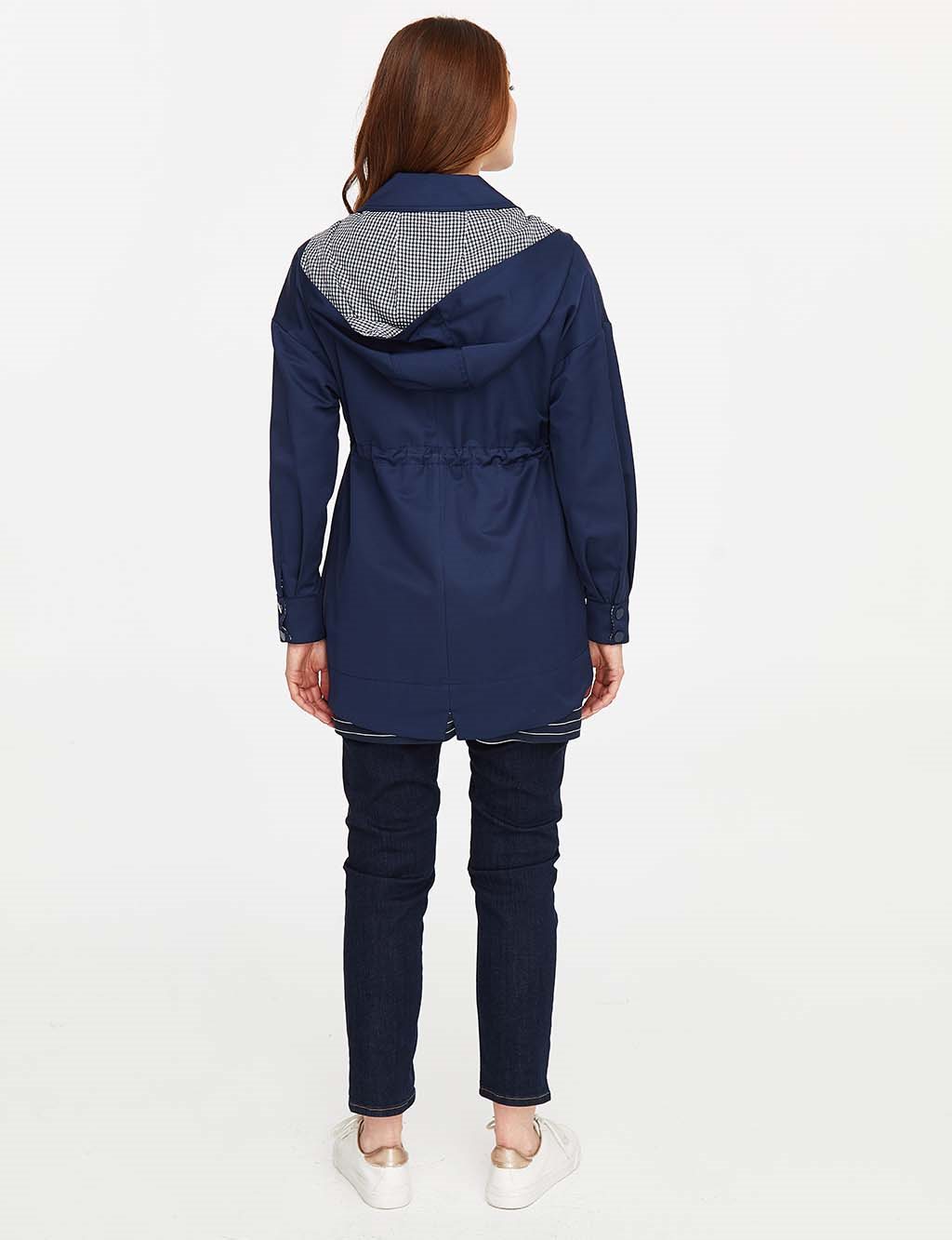 Waist Pleated Hooded Trench Coat Navy