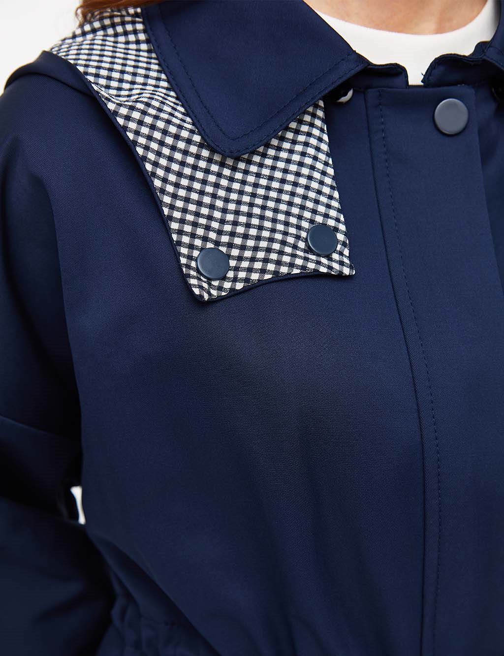 Waist Pleated Hooded Trench Coat Navy