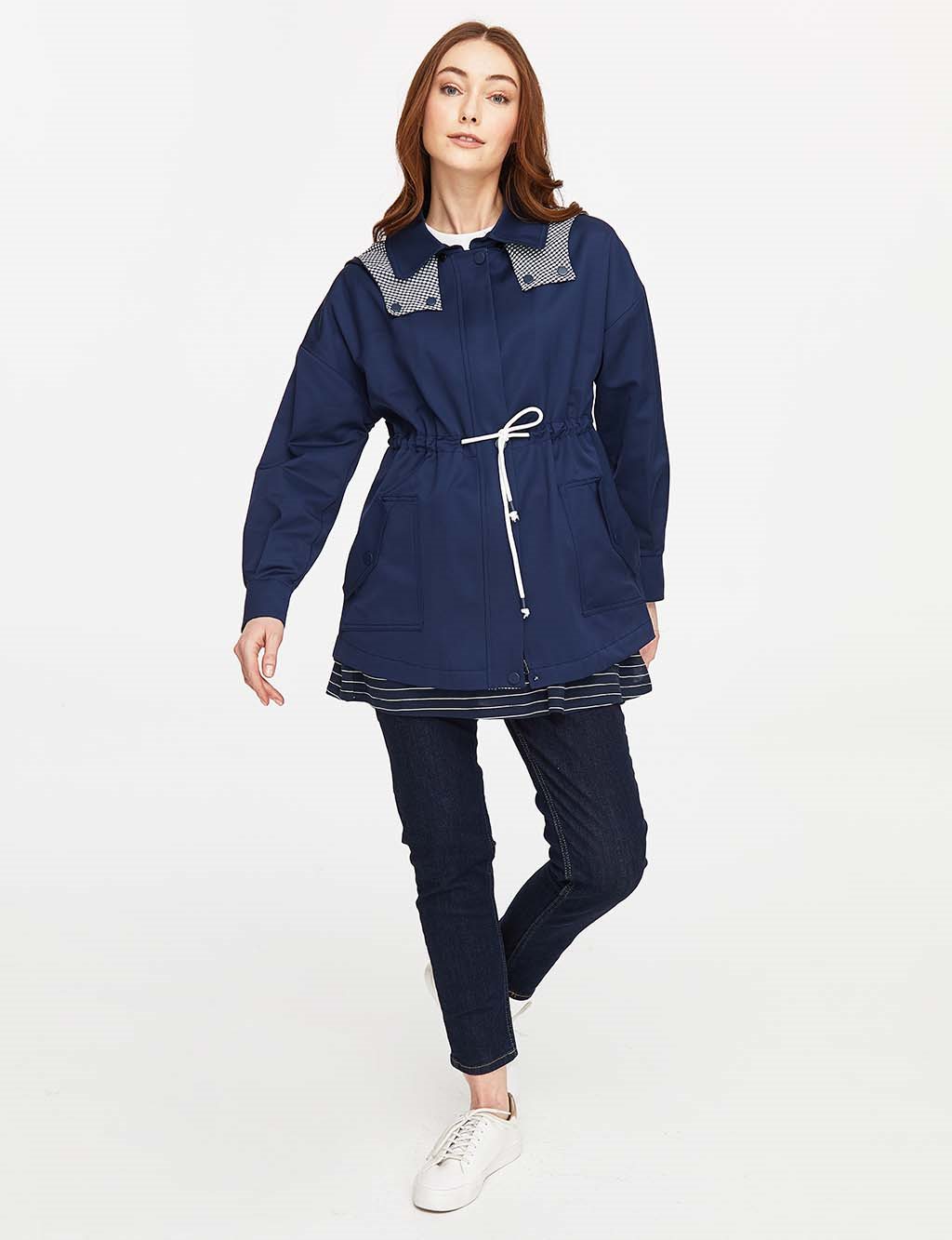 Waist Pleated Hooded Trench Coat Navy