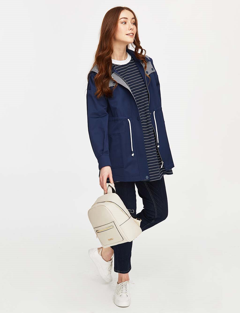 Waist Pleated Hooded Trench Coat Navy