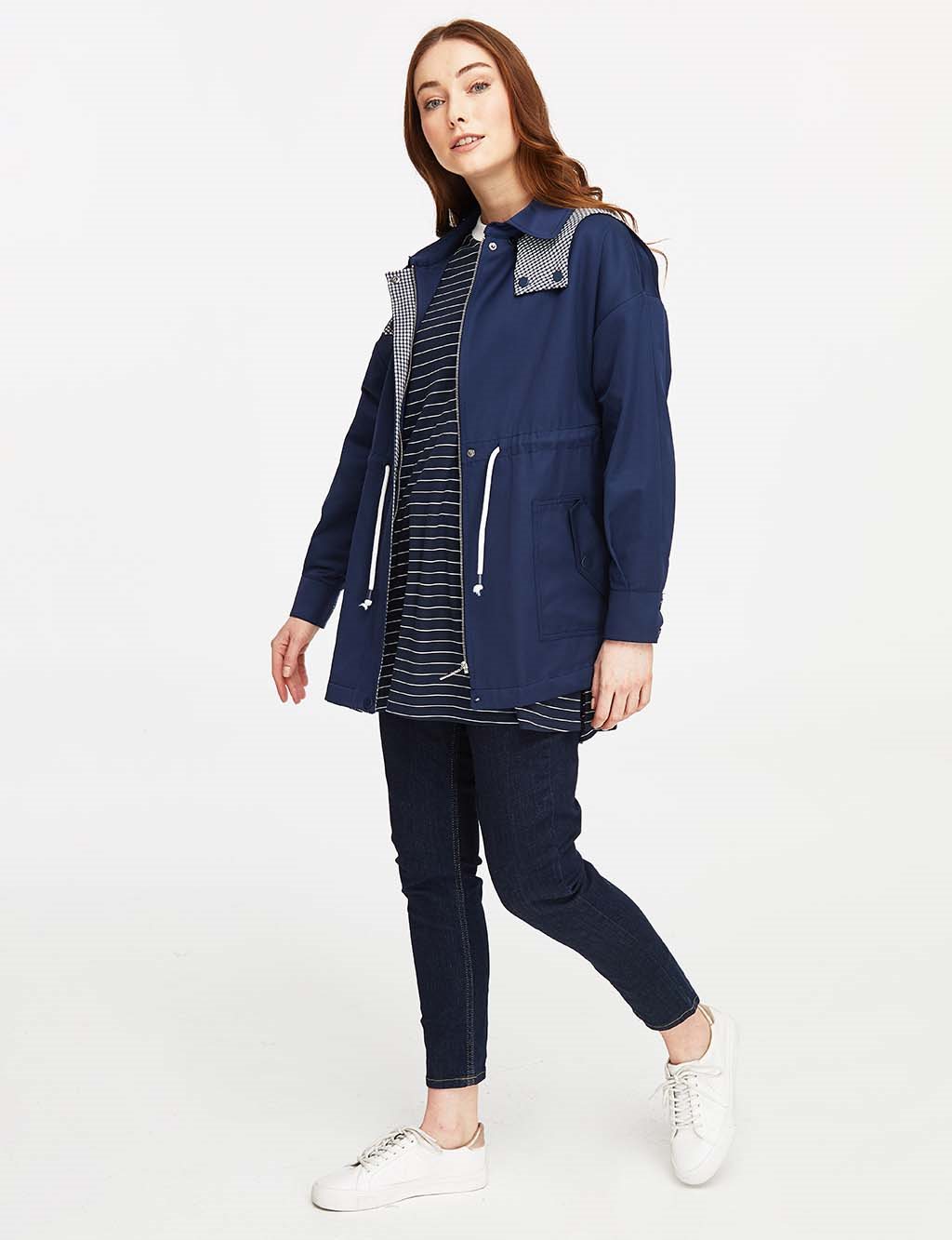Waist Pleated Hooded Trench Coat Navy