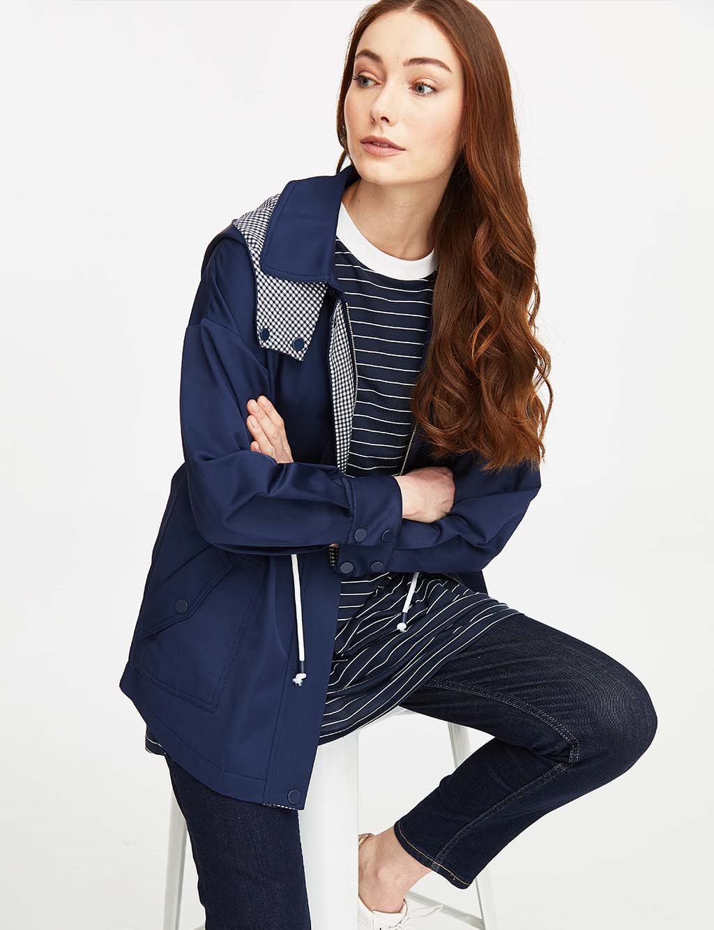 Waist Pleated Hooded Trench Coat Navy