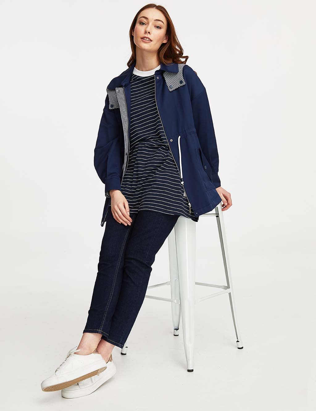 Waist Pleated Hooded Trench Coat Navy