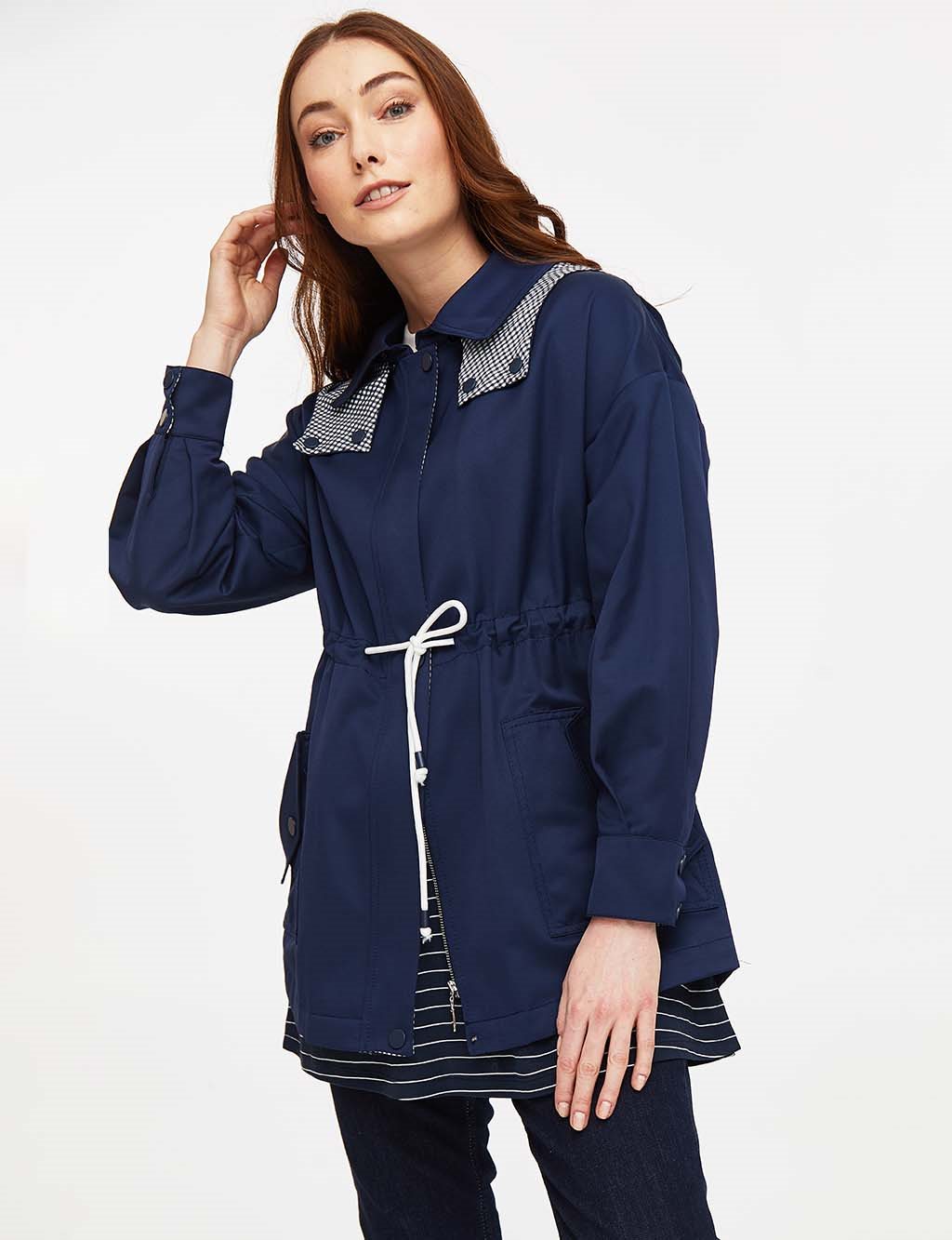 Waist Pleated Hooded Trench Coat Navy
