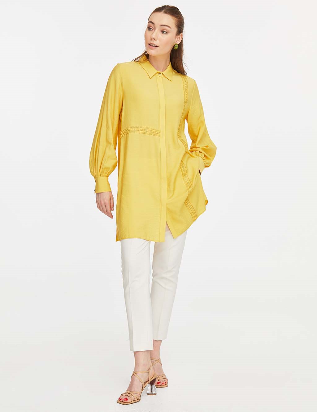 Scalloped Balloon Sleeve Tunic Yellow