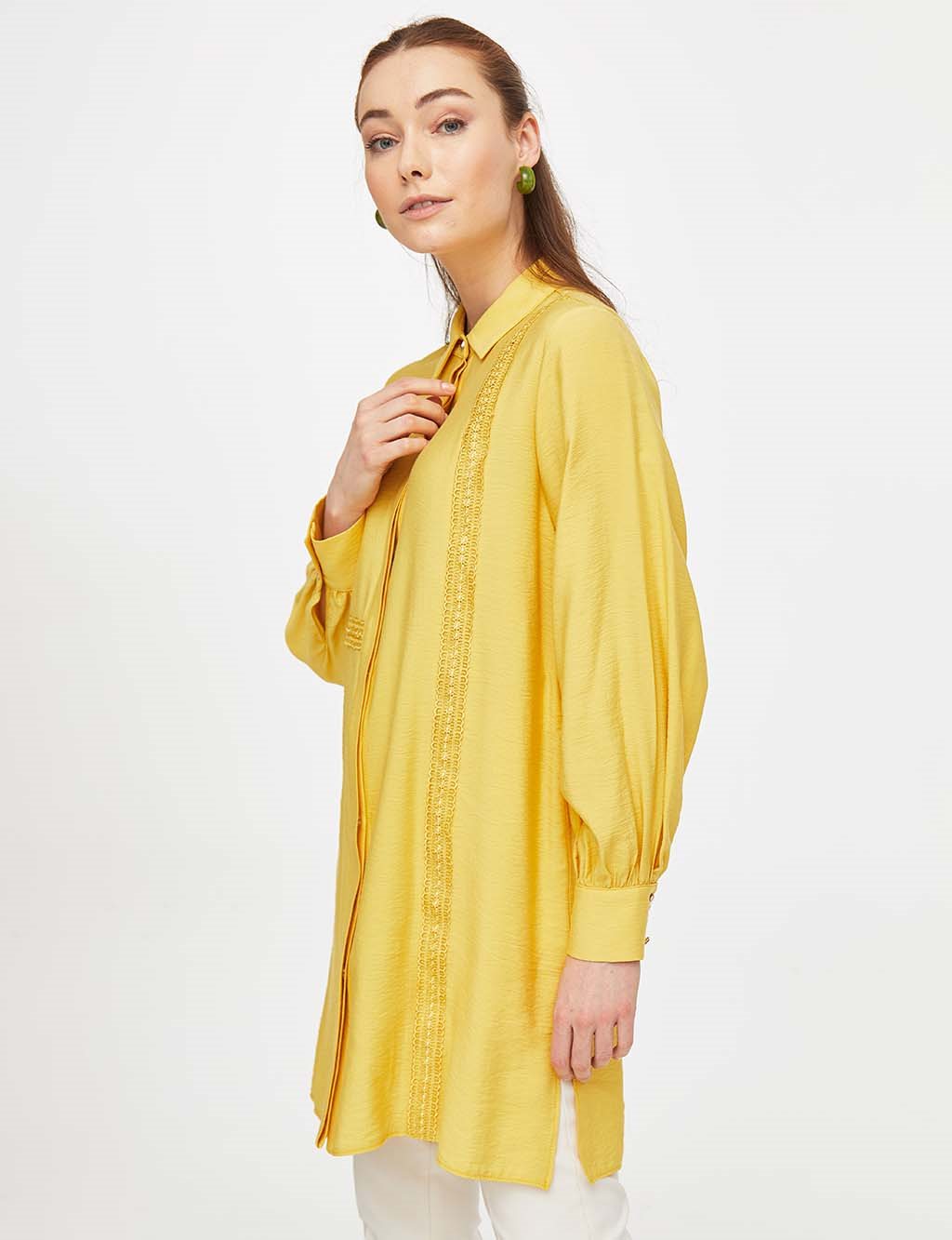 Scalloped Balloon Sleeve Tunic Yellow