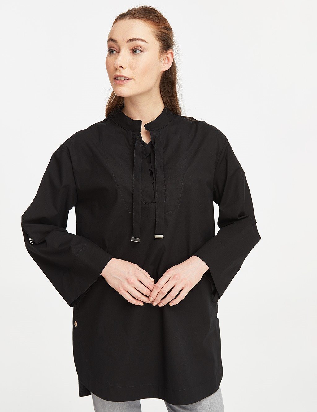 Lace-up Grandad Collar Kimono Sleeve Blouse Black