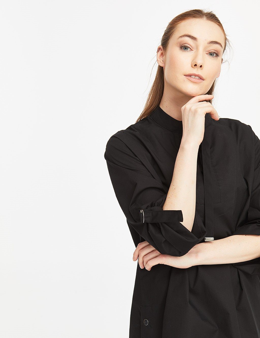 Lace-up Grandad Collar Kimono Sleeve Blouse Black