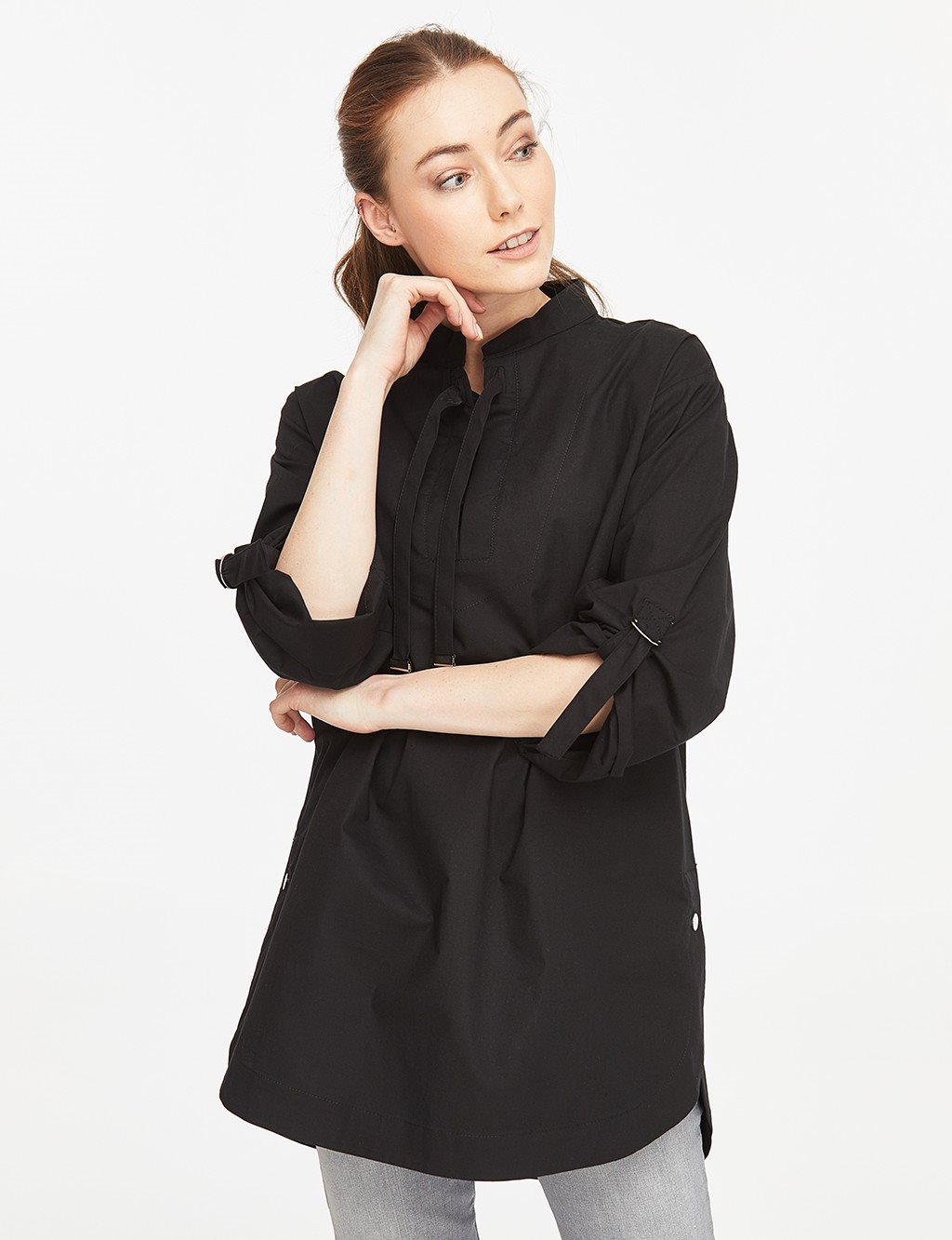 Lace-up Grandad Collar Kimono Sleeve Blouse Black