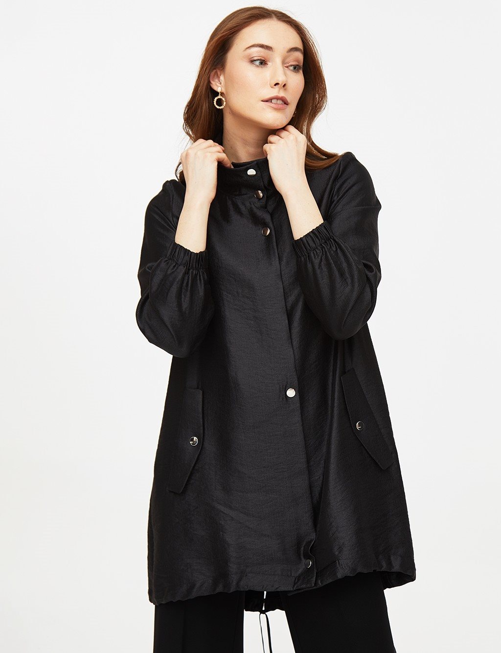 Snap Closure Stand Up Collar Trench Coat Black