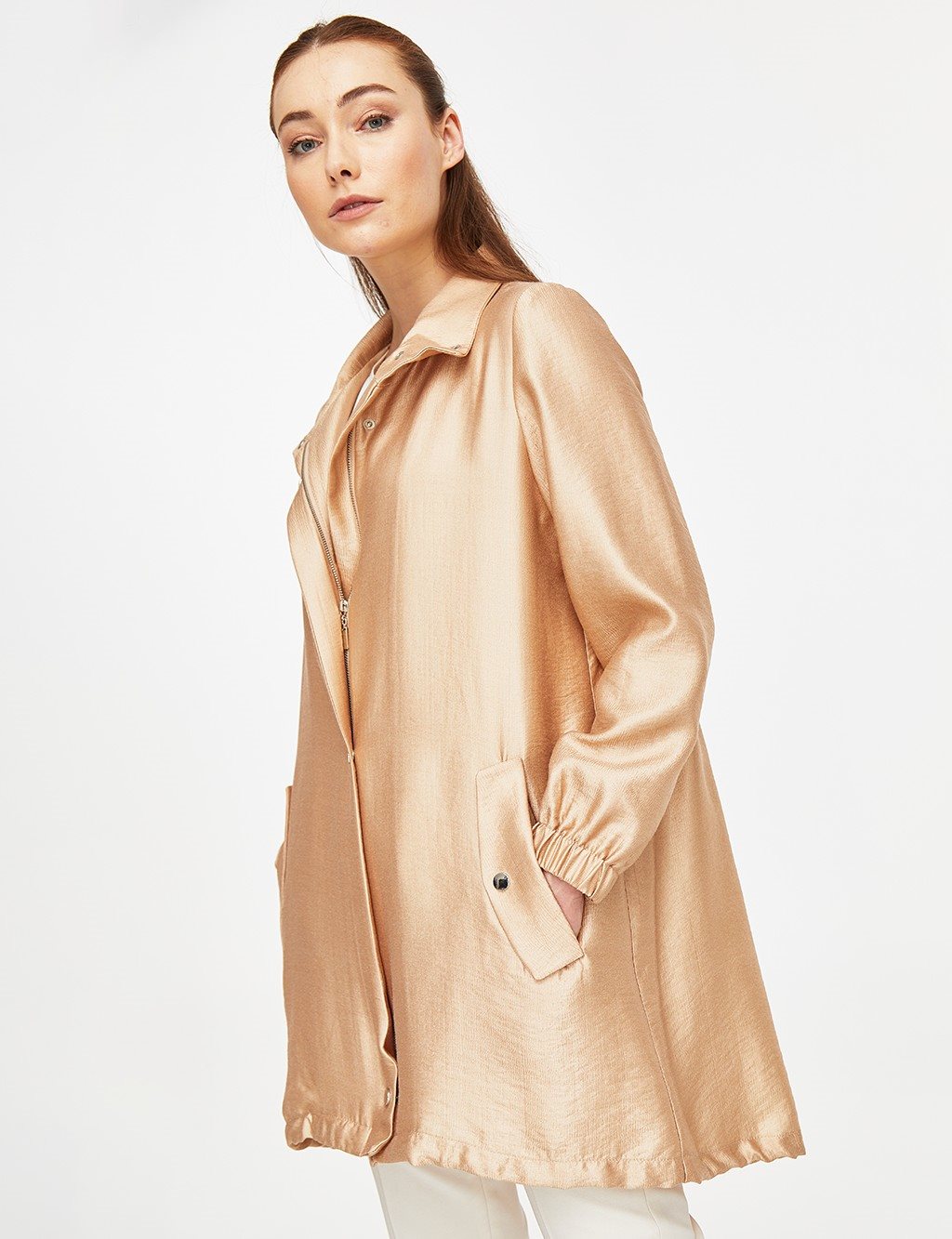 Snap Closure Stand Up Collar Trench Coat Salmon