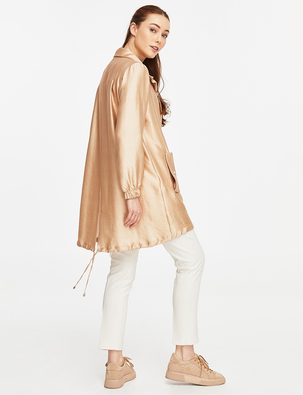 Snap Closure Stand Up Collar Trench Coat Salmon