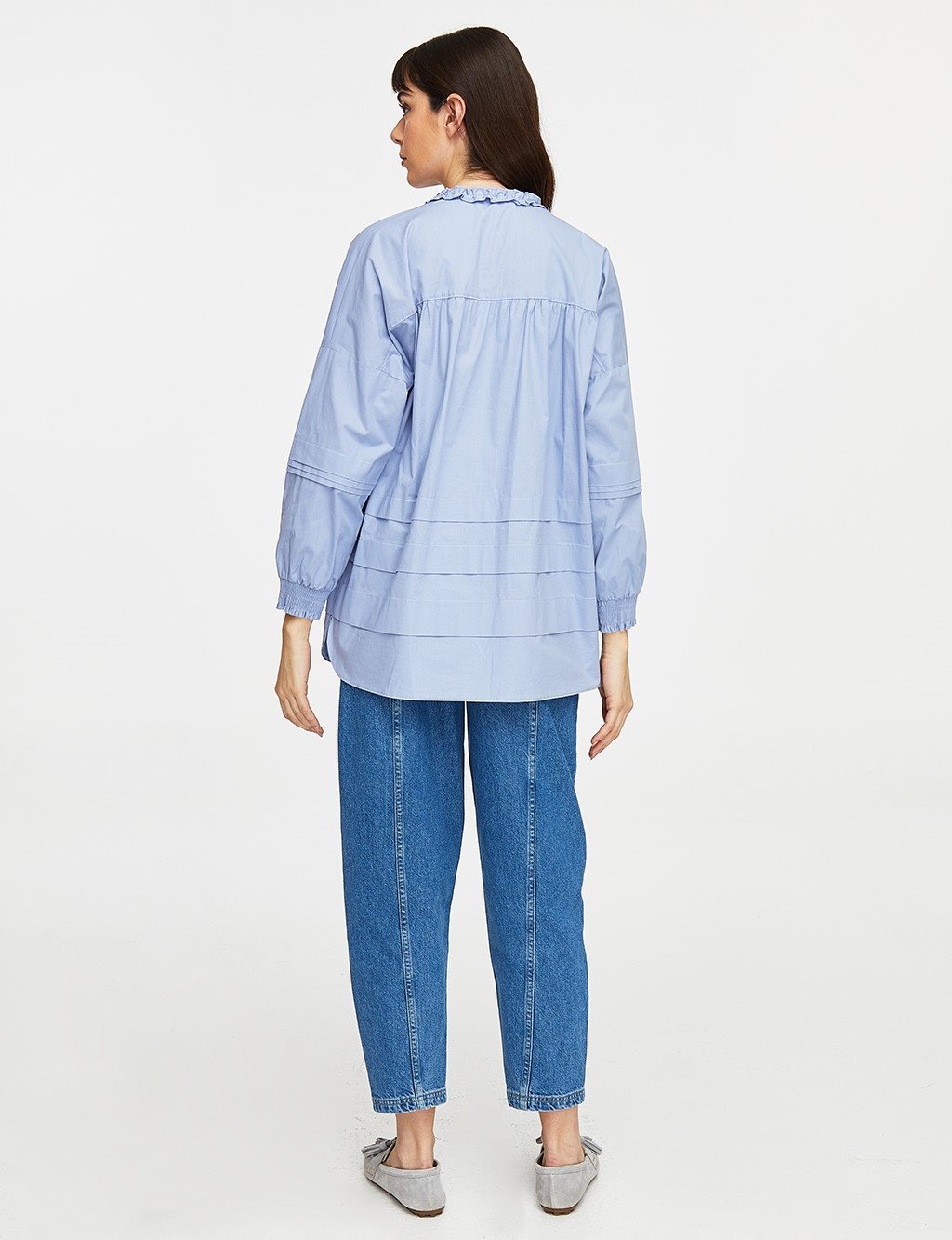 Frill Collar Ribbed Blouse Blue