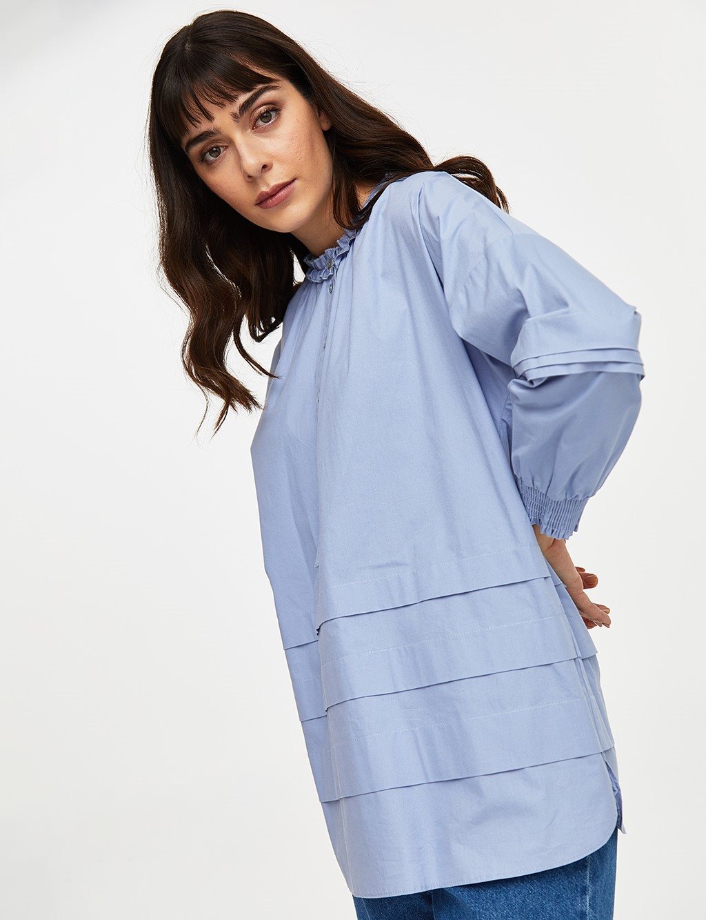 Frill Collar Ribbed Blouse Blue