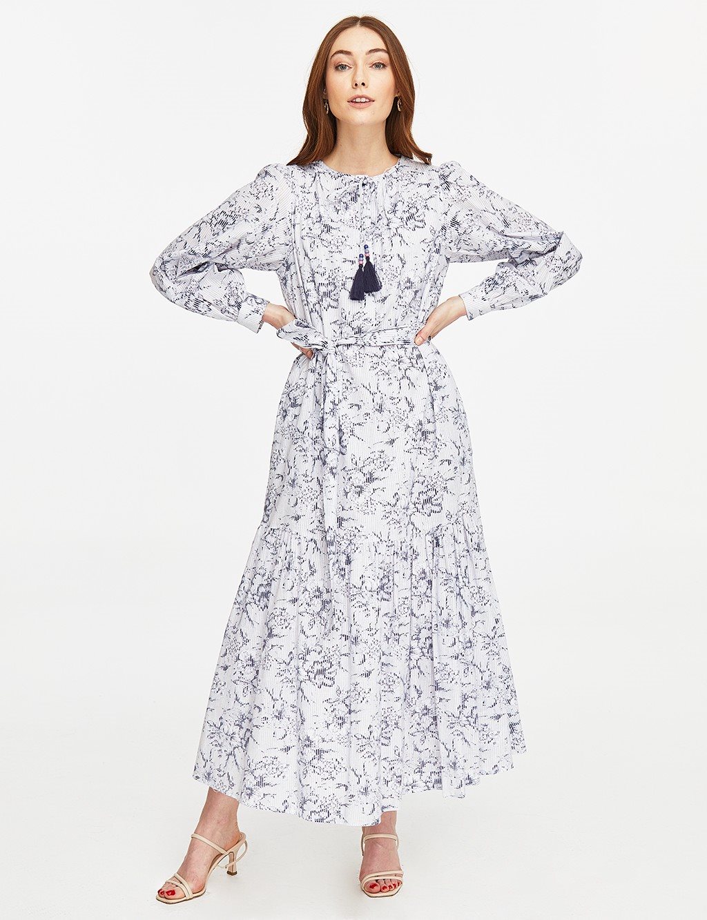 Floral Patterned Ruffle Dress Navy-Grey