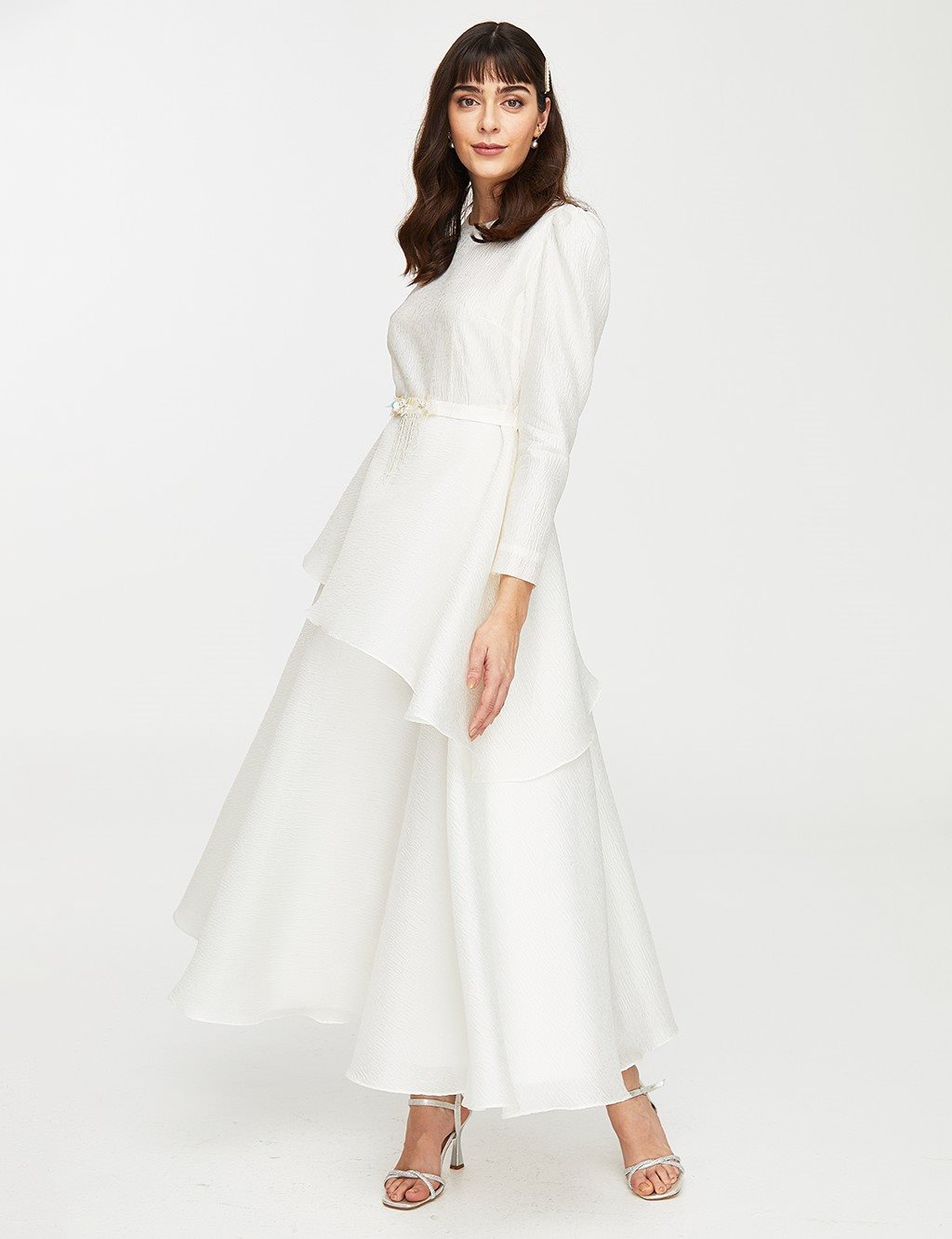Asymmetrical Layered Ruffle Dress White