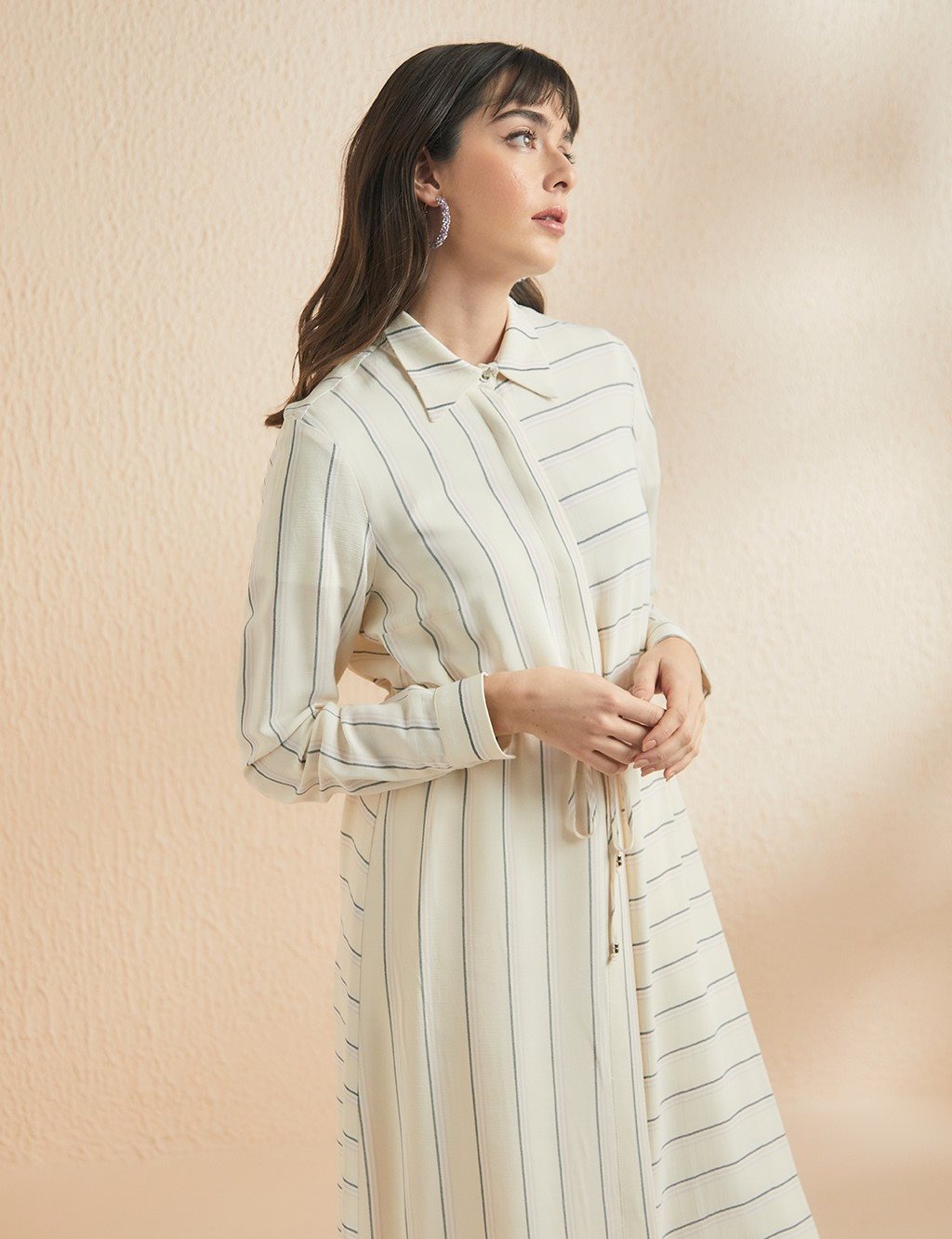 KYR Side Slit Striped Full Length Tunic Cream