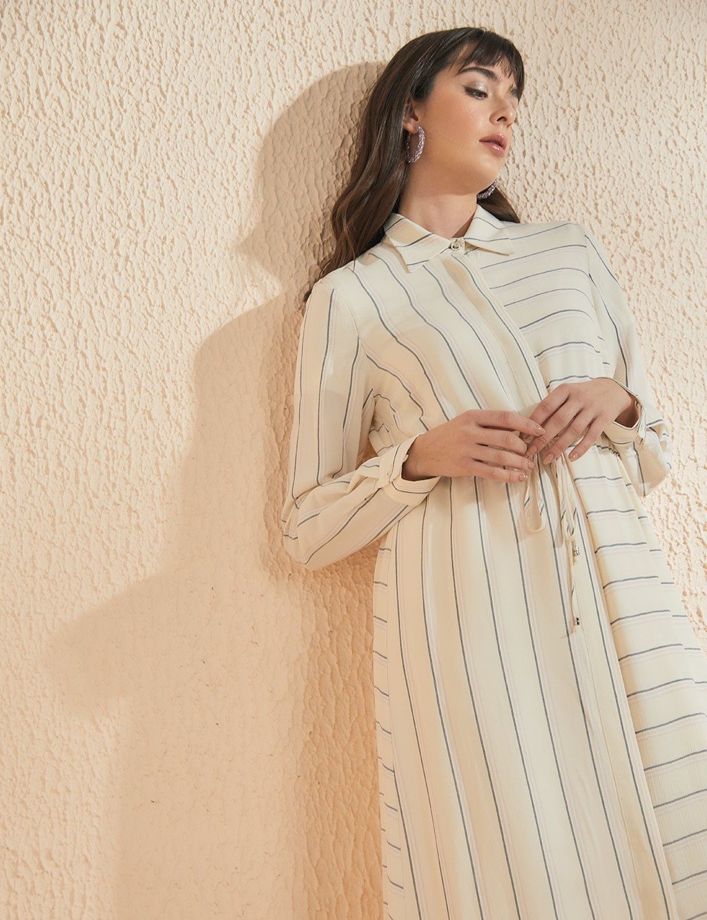 KYR Side Slit Striped Full Length Tunic Cream