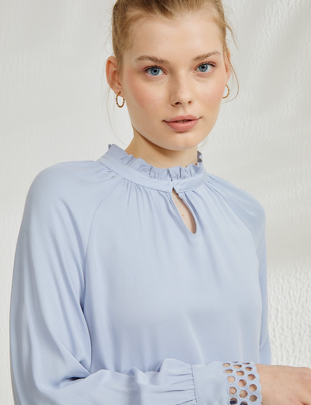 Pleated Ruffle Collar Tunic Light Blue